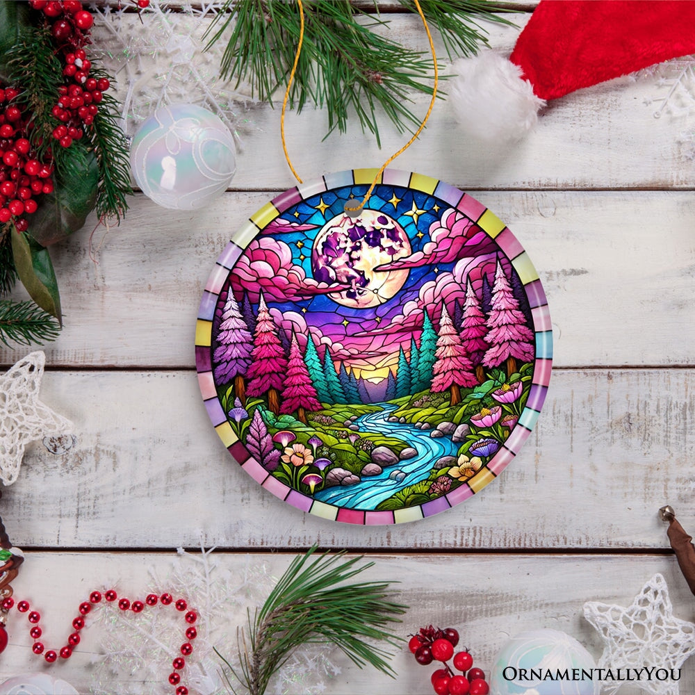 Enchanted Forest Glow Pink Themed Ornament, Mystical Moonlit Landscape Gift and Decor
