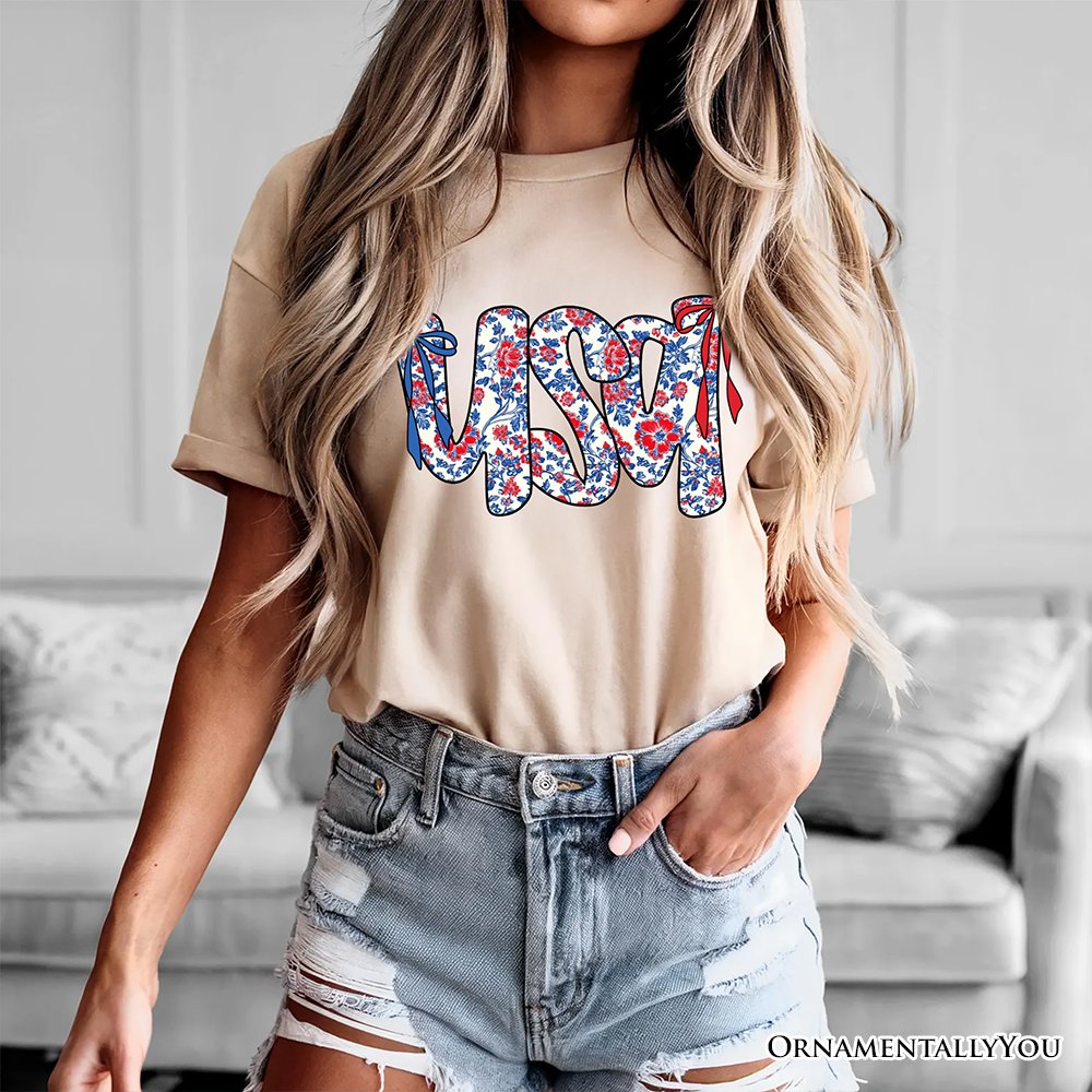 Floral USA Patriotic T-Shirt, 4th of July White, Natural and Black Tee for Stylish Women
