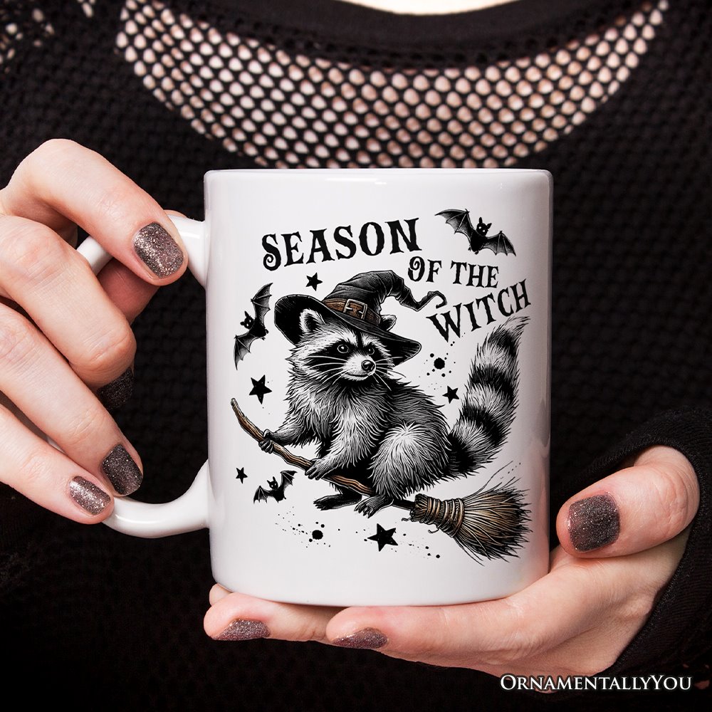 Funny Racoon Witch with Broom Personalized Mug, Vintage Halloween Gift with Custom Name