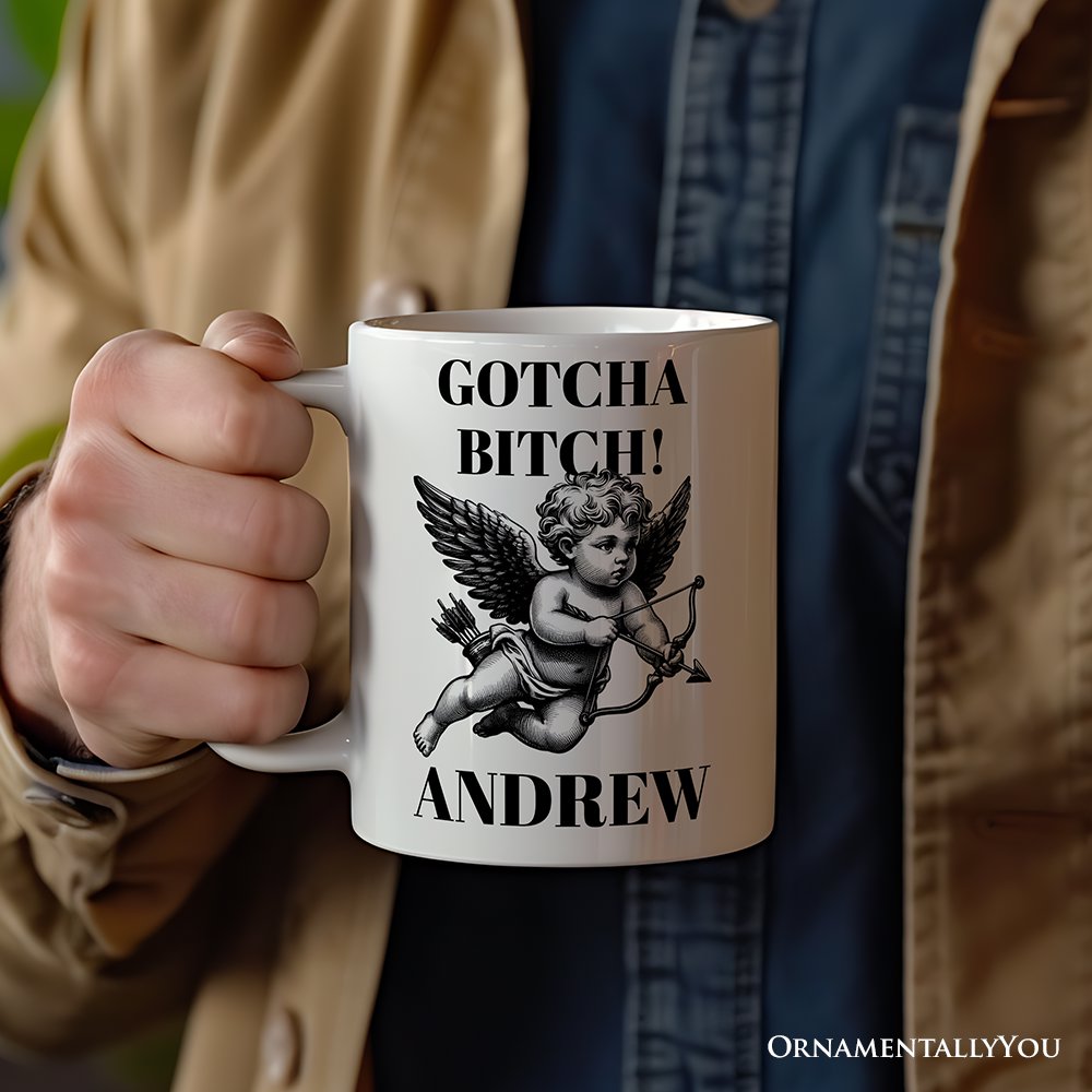 Funny Valentine's Day Cupid Personalized Mug, Vintage Sarcastic Gift With Custom Name