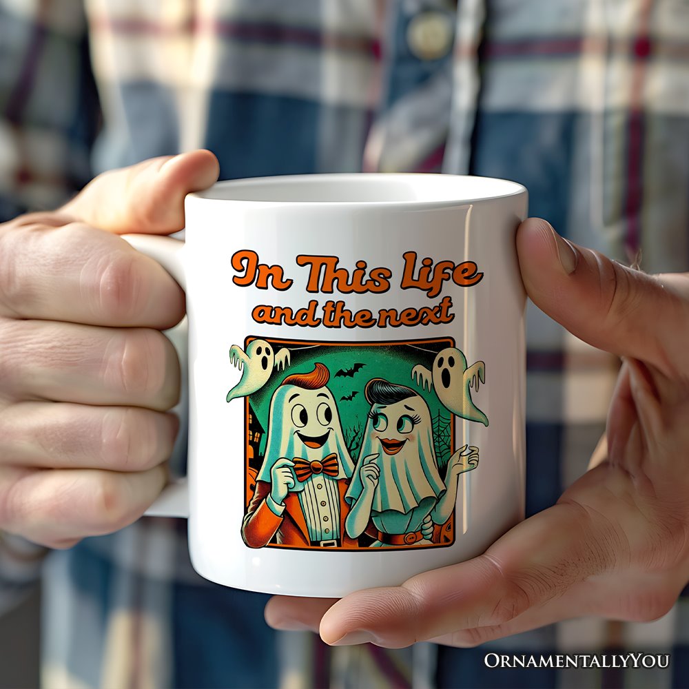 Retro Ghost Lovers Through Next Lives, Personalized Mug, Vintage Halloween Custom Gift for Couples