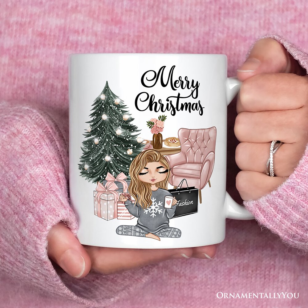 Glamorous Girl Personalized Christmas Mug, Fashionista Teenager Shopping Addict Holiday Gift