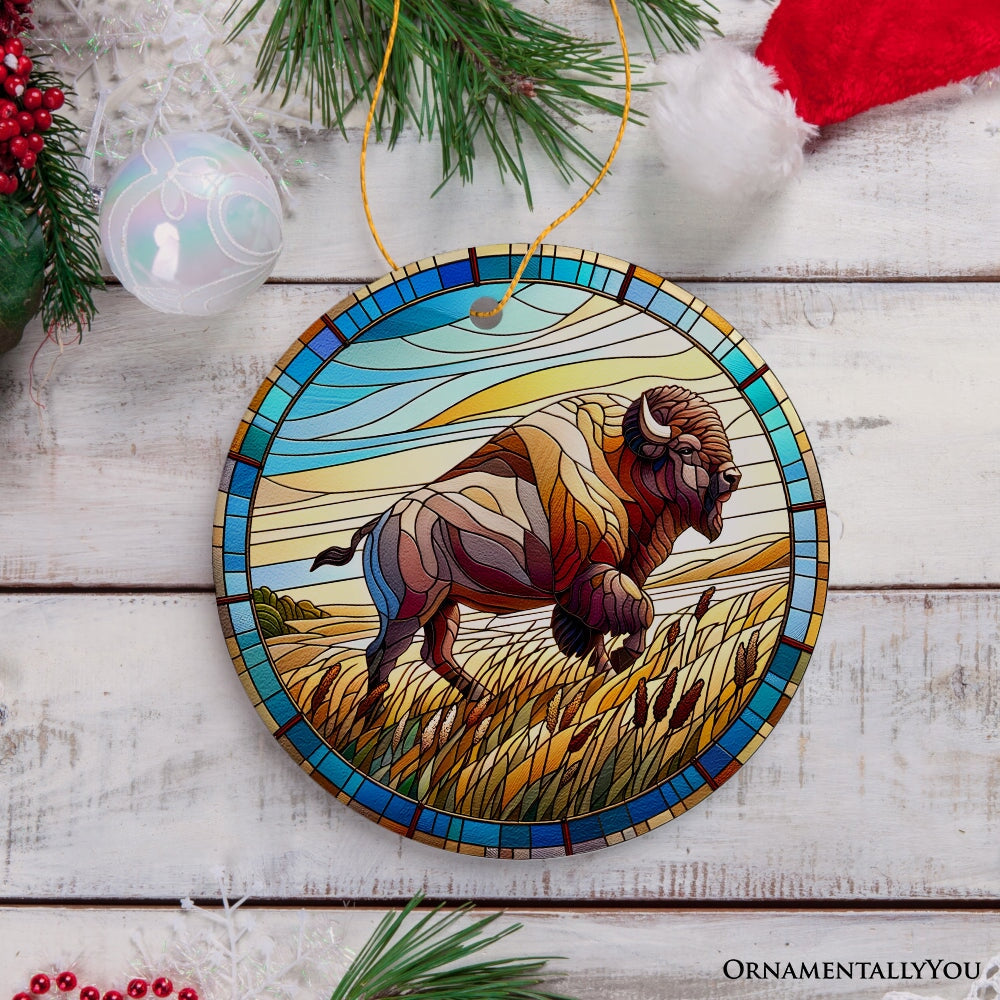Great Plains Bison Stained Glass Themed Ceramic Ornament, Nature of the American Wild West