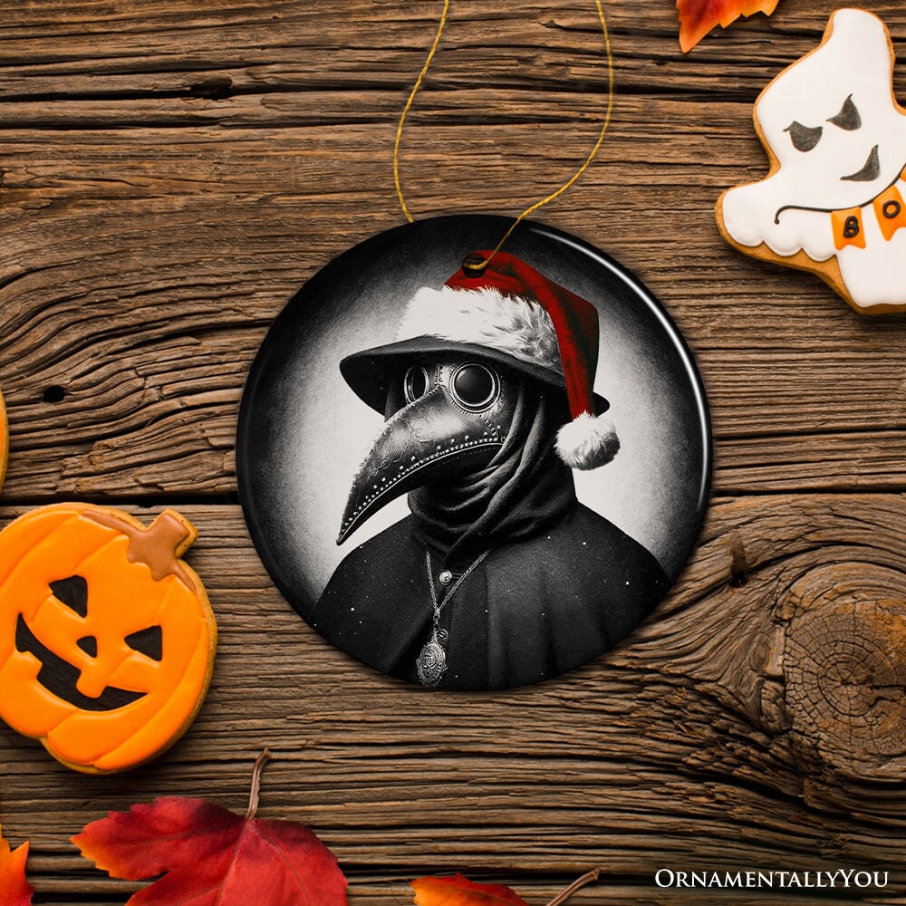 Grim Plague Doctor With Santa Hat Ceramic Ornament, Dark Christmas Keepsake for Halloween Tree