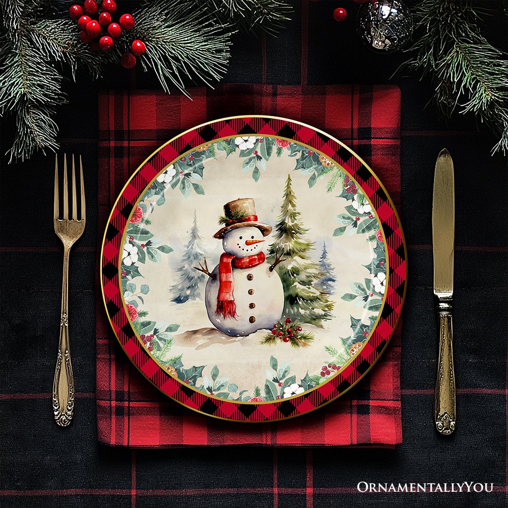 Decor Steals Special - Holiday Cheer Set of 4 Plates with Real Gold Plaid Trim, Christmas Tableware Collection for Salad, Dessert, Appetizer, and Side Plates