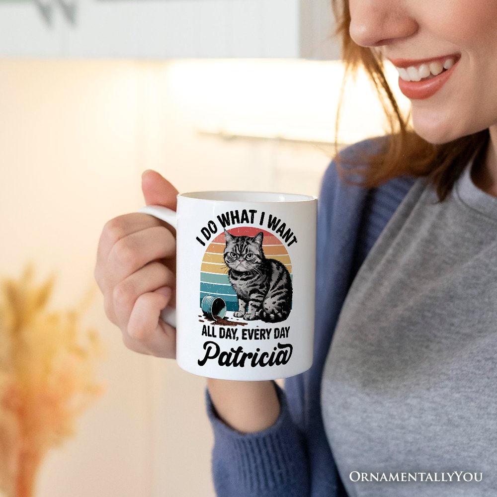 I Do What I Want Cat Personalized Mug, Retro Sarcastic Cat Lover Gift With Custom Name