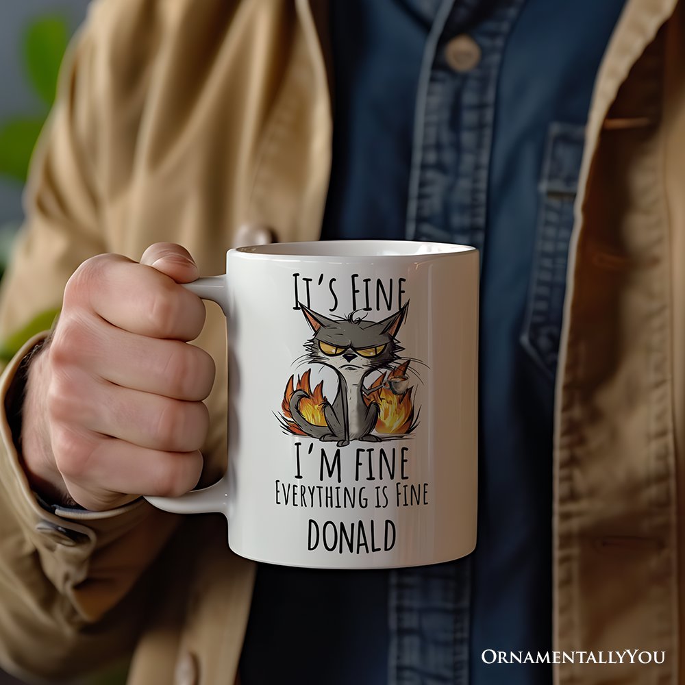 It's Fine I'm Fine Fire Cat Personalized Mug, Sarcastic Gift With Custom Name
