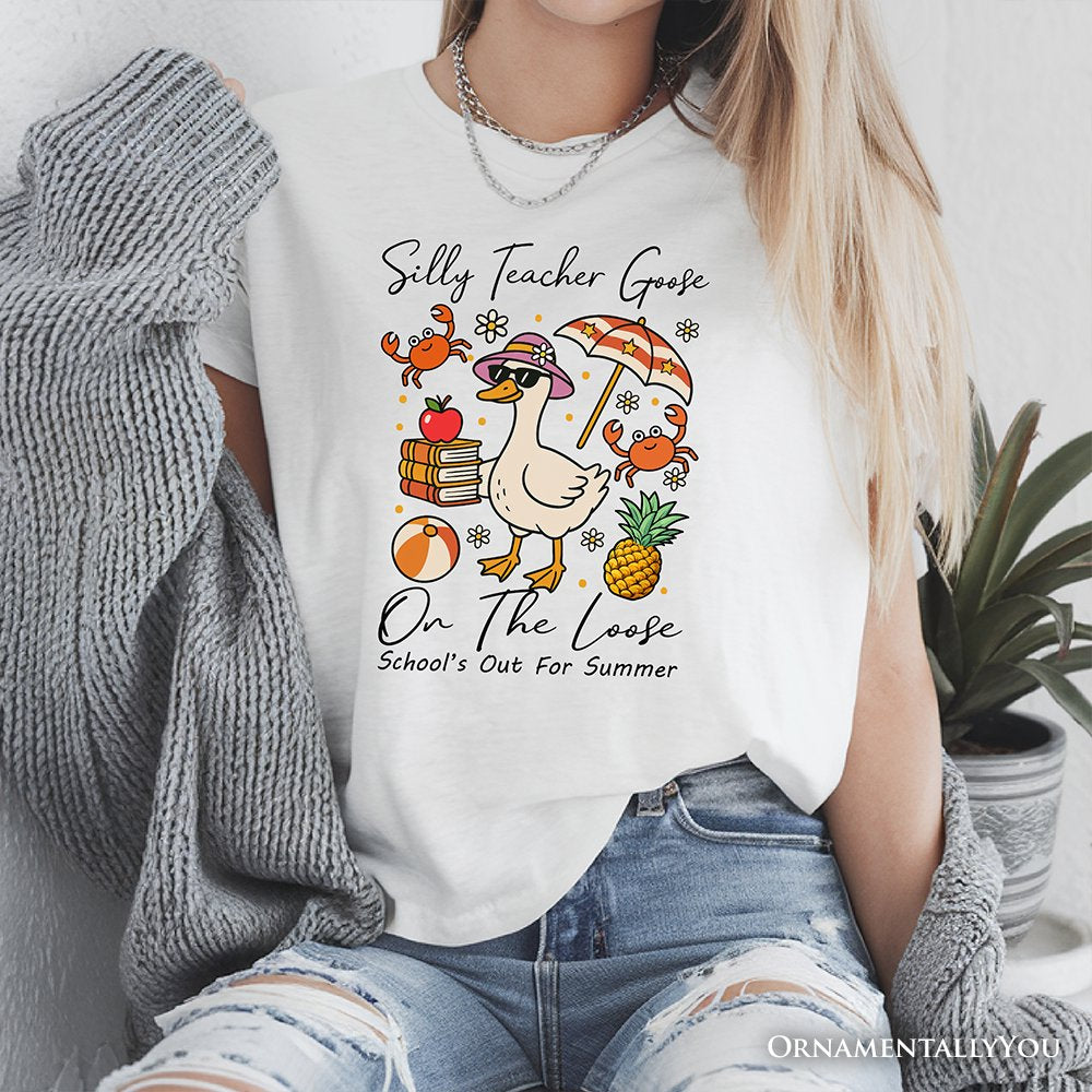 Last Day Teacher Goose T-Shirt, Tropical Summer Break Navy, White, and Natural Tee for Fun and Quirky Educators