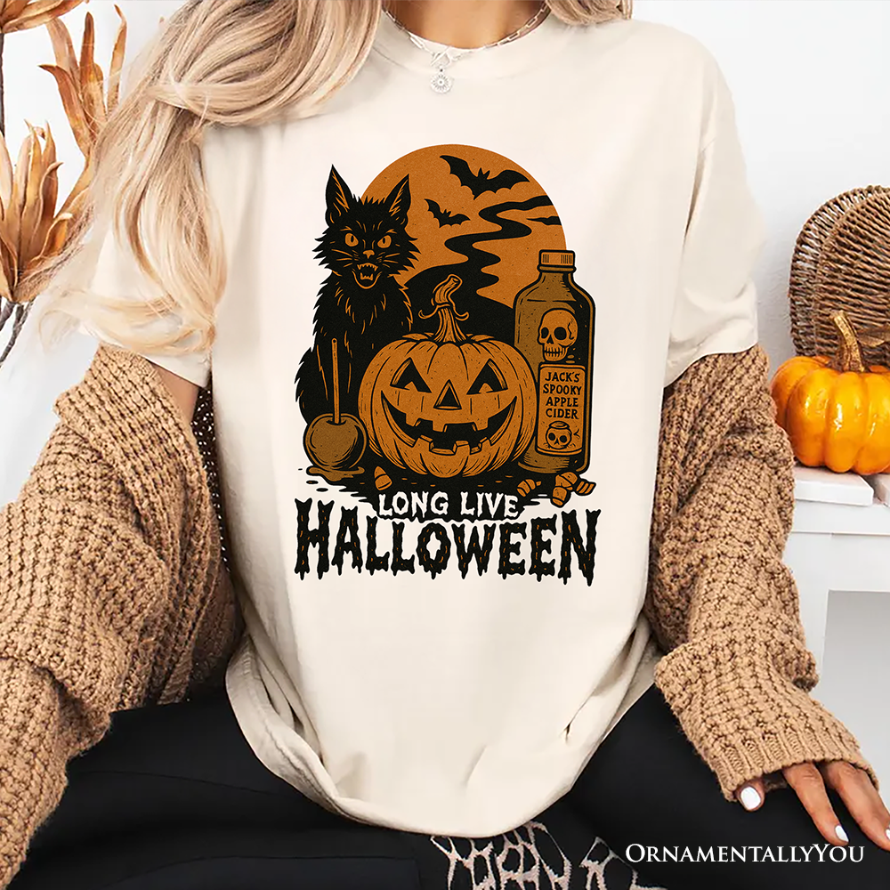 Long Live Halloween T-Shirt, Retro Black Cat Pumpkin Tee for Horror Fans
