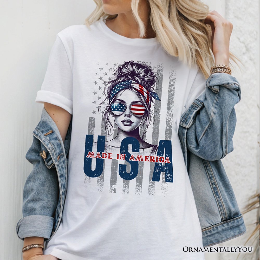 Made in America Messy Bun T-Shirt, Retro 4th of July White Patriotic Tee