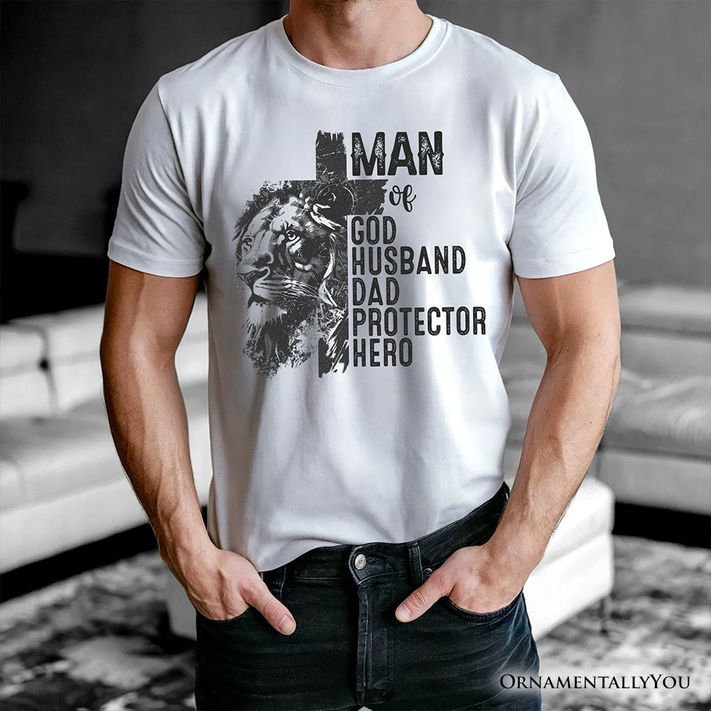 Man of God Lion Cross T-Shirt, White Tee for Faithful and Christian Fathers