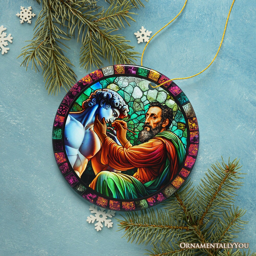 Michelangelo Sculpting David in Stained Glass Themed Christmas Ornament, Renaissance Italy Gift and Decor