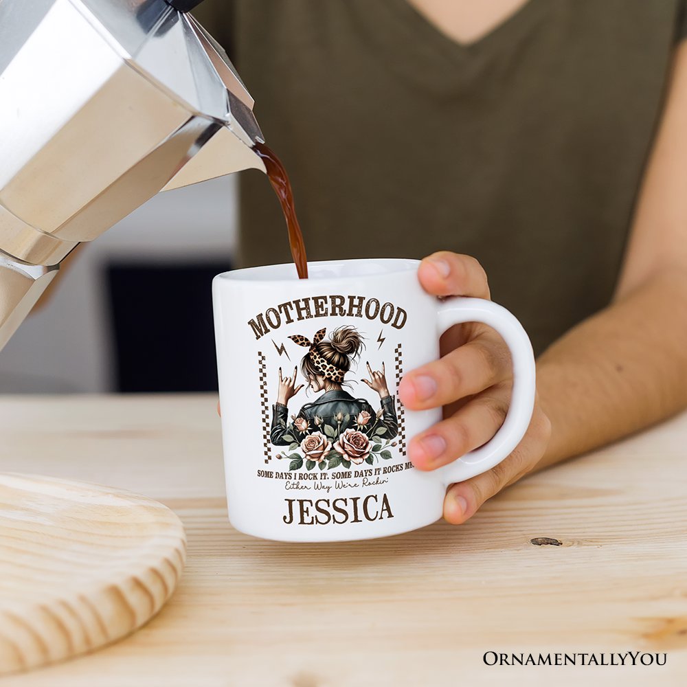 Motherhood Mama Rock Personalized Mug, Retro Gift for Strong Moms With Custom Name