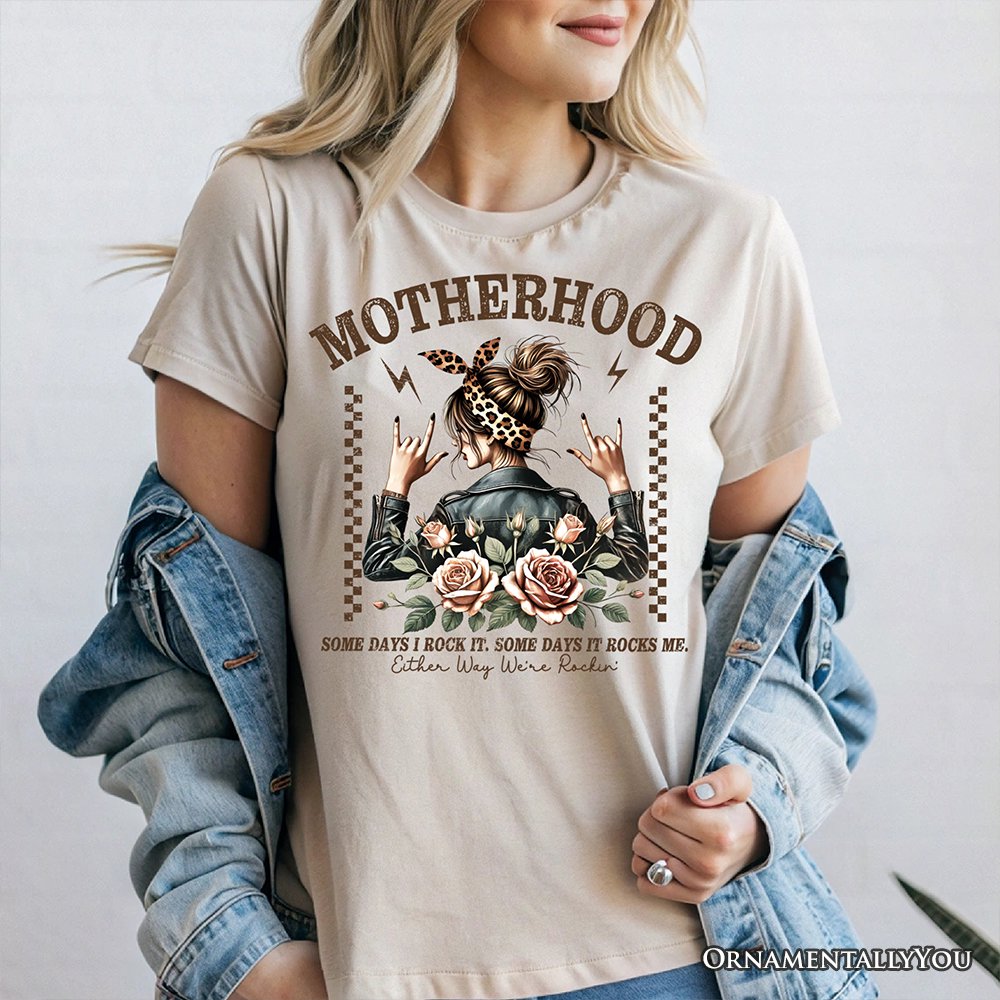 Motherhood Mama Rock T-Shirt, Retro White and Natural Tee for Strong and Rocking Mothers