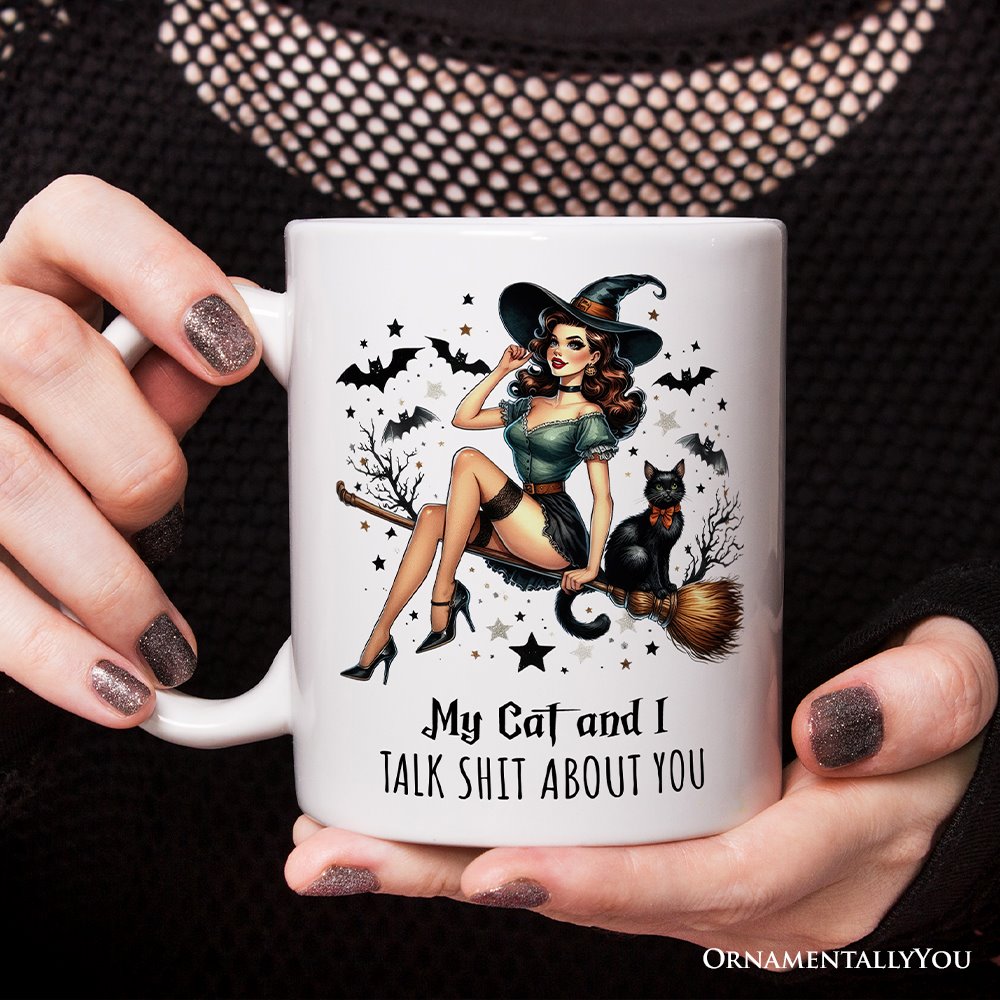 My Cat and I Gossip About You Personalized Halloween Mug, Retro Gift with Custom Name