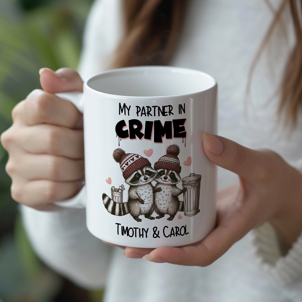 My Partner in Crime Love Racoons Personalized Mug For Couple, Funny Vintage Retro Gift With Custom Names
