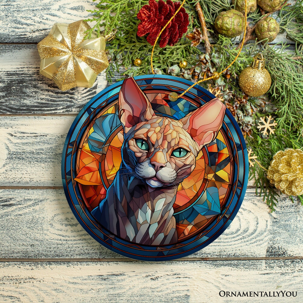 Mystical Feline Bewitching Cat Stained Glass Style Ceramic Ornament, Halloween Themed Christmas Gift and Decor