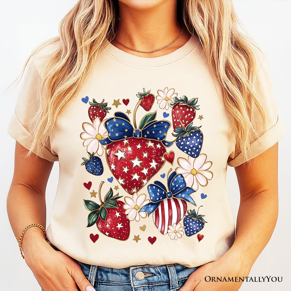 Patriotic Boho Strawberries Bouquet T-Shirt, 4th of July Festive Patch Tee