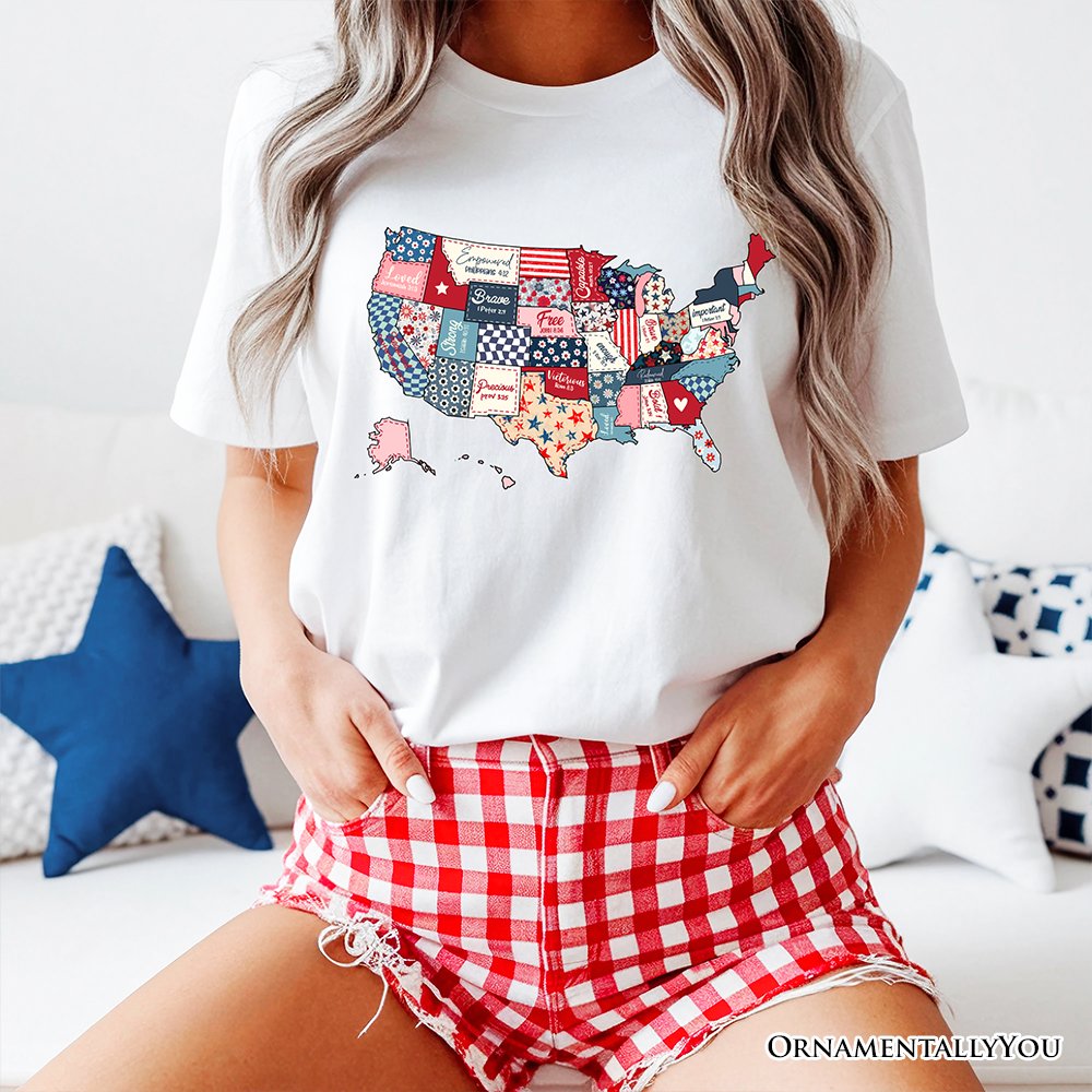 Patriotic Patchwork USA T-Shirt, Quilted Map Tee for Americana Fans