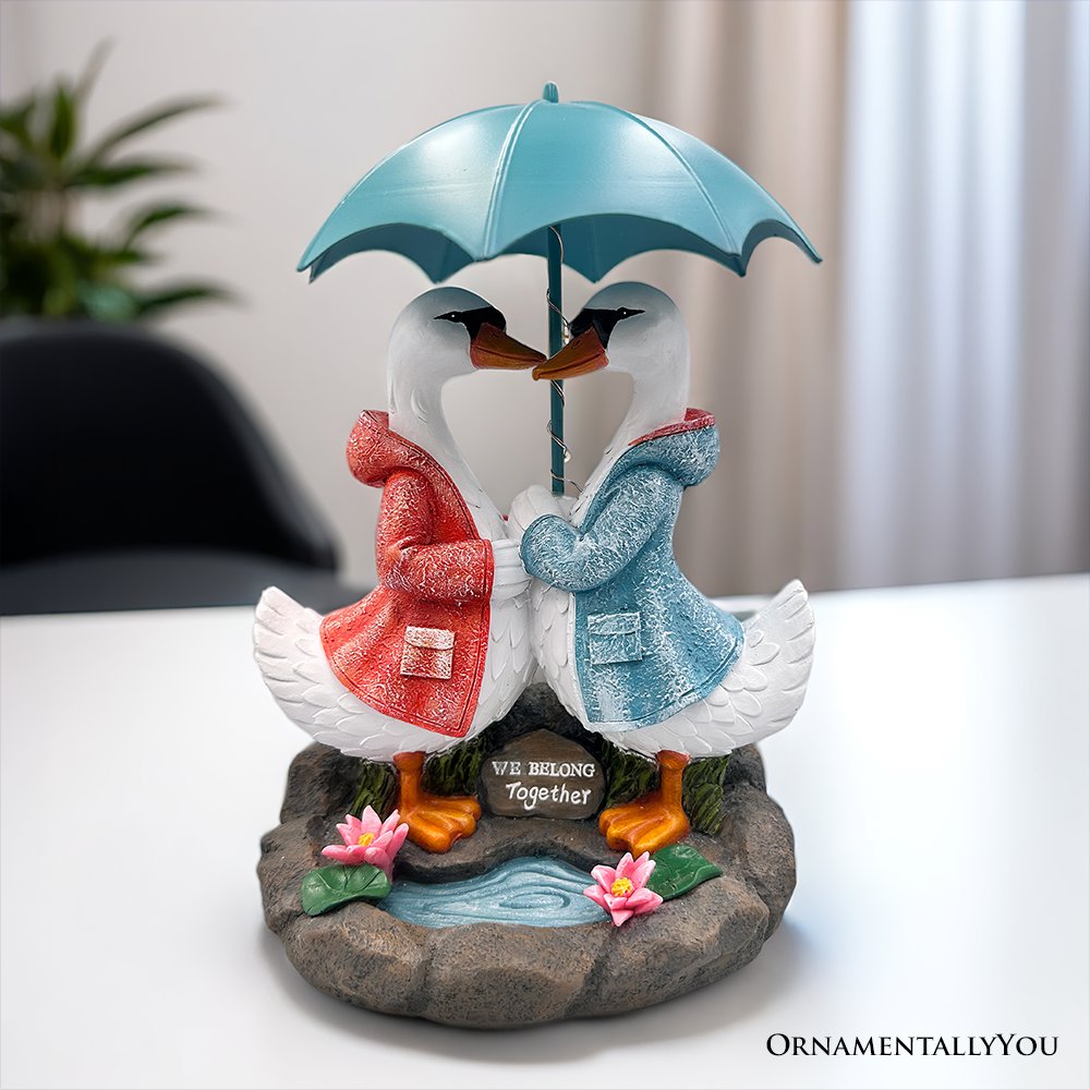 Romantic Swan Couple Under an Umbrella Solar Powered Garden Statue, 10" Lighted Outdoor Bird Figurine Decor