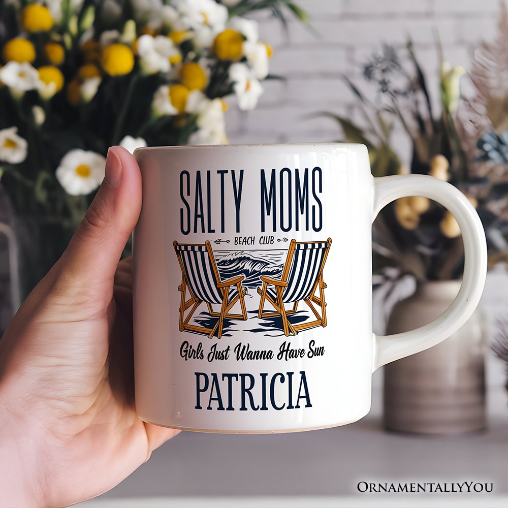 Salty Moms Beach Club Personalized Mug, Retro Summer Cool Mothers Gift With Custom Name
