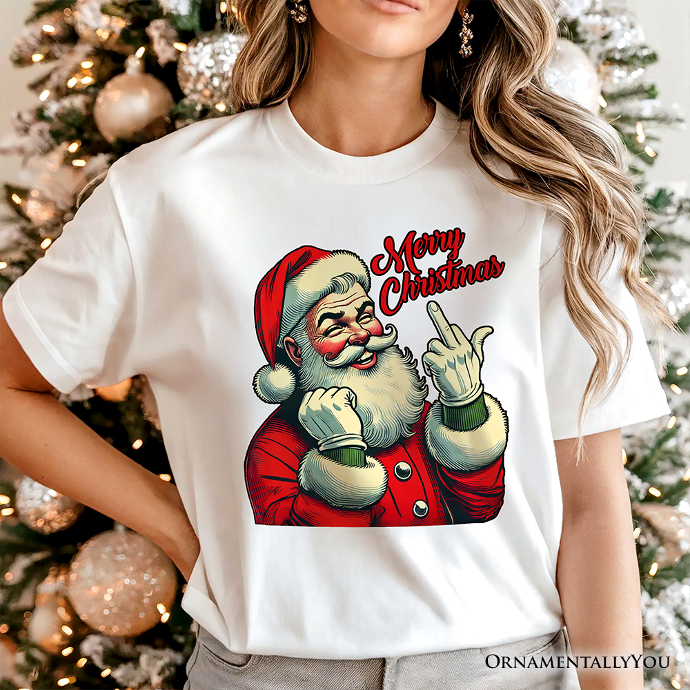 Santa Middle Finger Christmas T-Shirt, Vintage Funny Tee for Naughty Holiday Humor