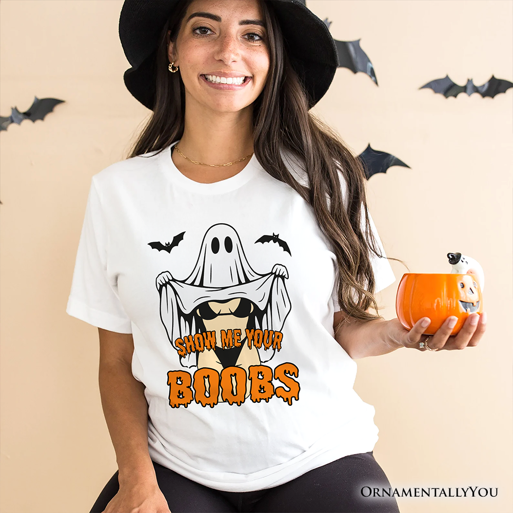 Show Me Your Boobs Halloween T-Shirt, Funny Naughty Pun Ghost Tee for Adults