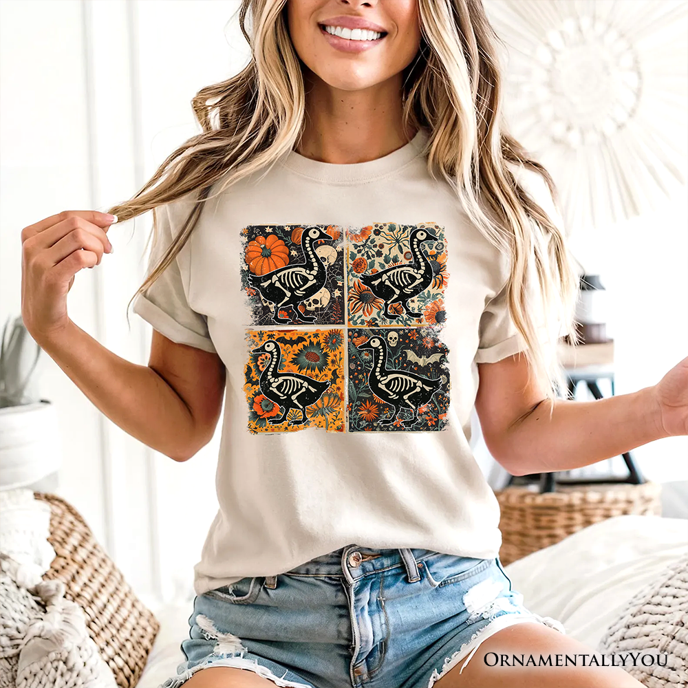 Skeleton Goose Patchwork T-Shirt, Floral Halloween Tee for The Spooky Season