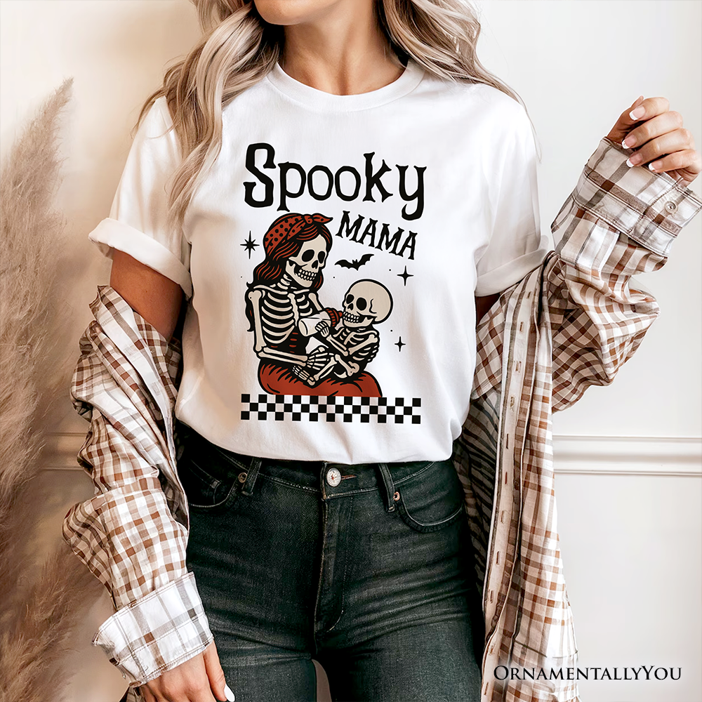 Spooky Mama Skeleton Halloween T-Shirt, Momster Retro Checkered Tee With Boo Vibes