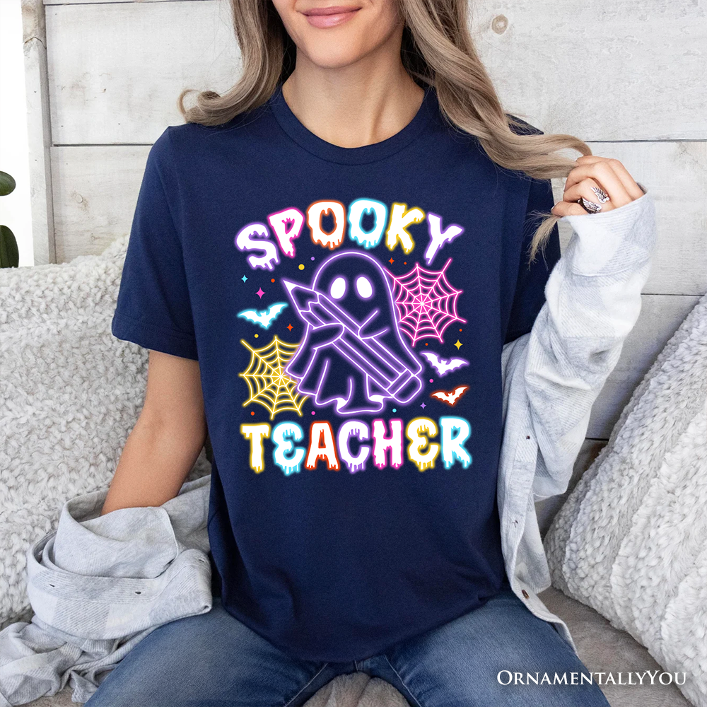 Spooky Teacher Neon Ghost T-Shirt, Retro Halloween Tee for Educators