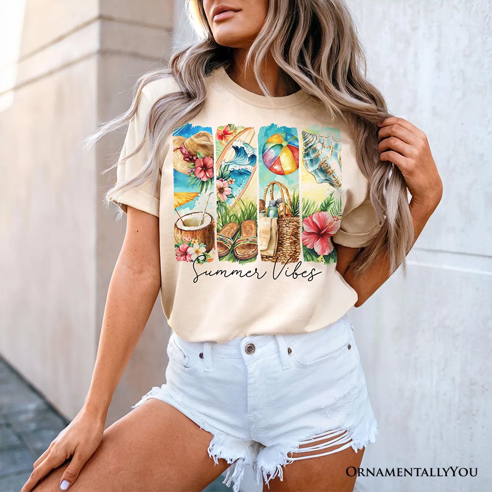 Summer Vibes T-Shirt, White and Natural Beach Tee with Coconut and Flowers