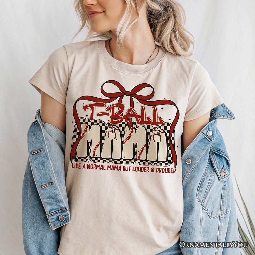 T-Ball Mama Coquette Red Bow T-Shirt, Retro White and Natural Tee for Proud Sports Moms