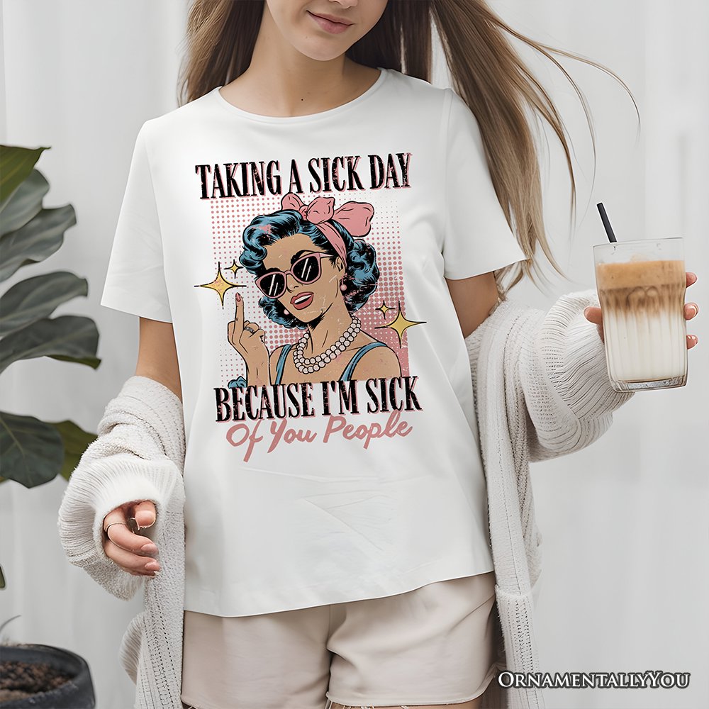 Taking a Sick Day T-Shirt, Retro Pop Art Woman Middle Finger Sarcastic White Tee for Fed Up Women