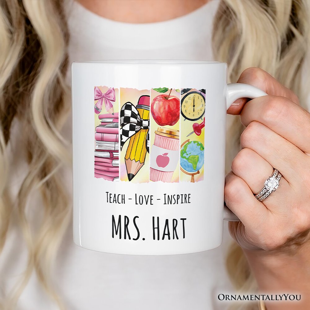 Teach Love Inspire Personalized Mug, Watercolor Teacher Gift with Custom Name