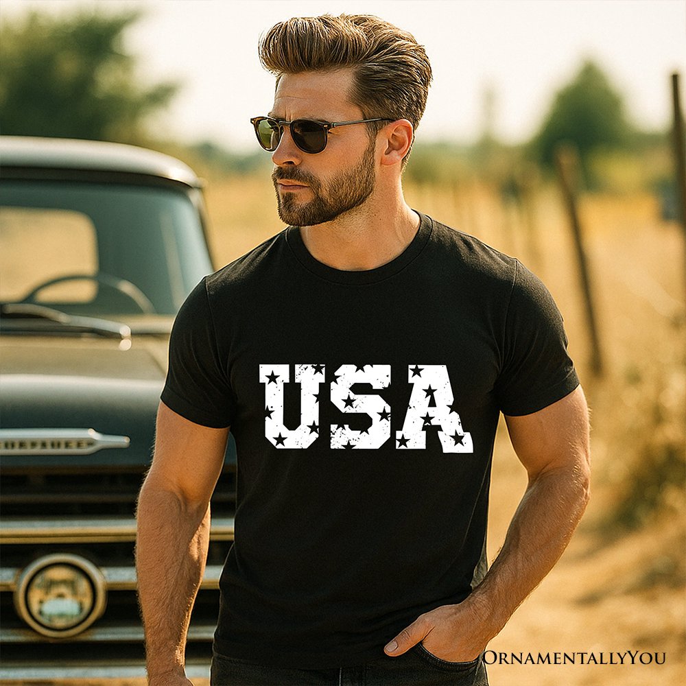 USA Block Letters T-Shirt, Vintage Patriotic Tee for Independence Day