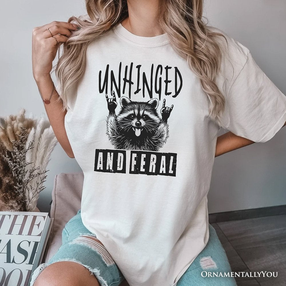 Unhinged and Feral Raccoon T-Shirt, Funny Rock Hands White and Natural Tee for Wild People