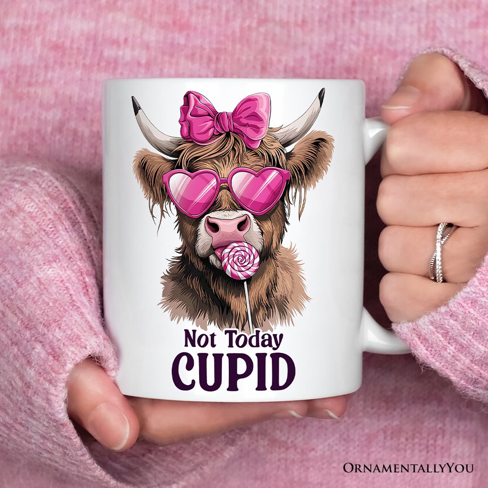 Valentines Highland Cow Personalized Mug, Not Today Cupid Funny Cow Lover Gift