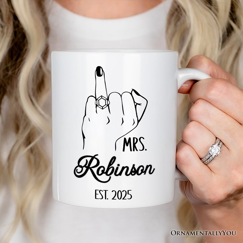 Wedding Ring Finger Mrs Personalized Mug, Married Engaged Gift For Women With Custom Name