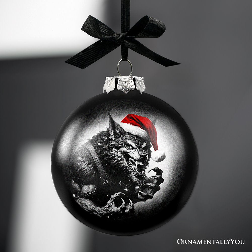 Werewolf Christmas Spooky Portrait Glass Ornament, Black Horror Halloween Tree Decoration