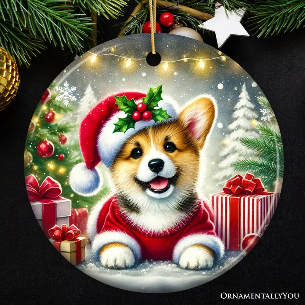 Adorable Welsh Corgi with Santa Hat Ornament, Jolly Christmas for Heartfelt Gift