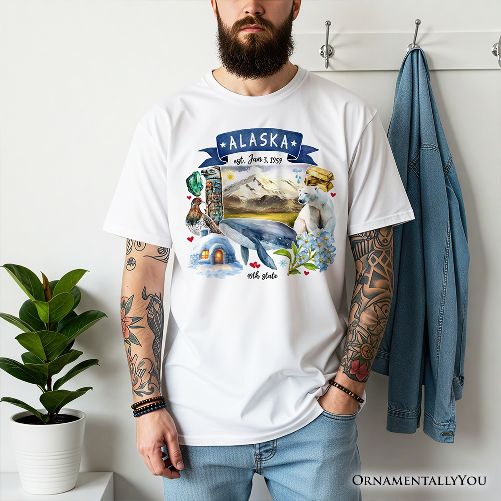 Artistic Alaska State Themes and Landmarks T-Shirt, Tee for History and Travel Lovers