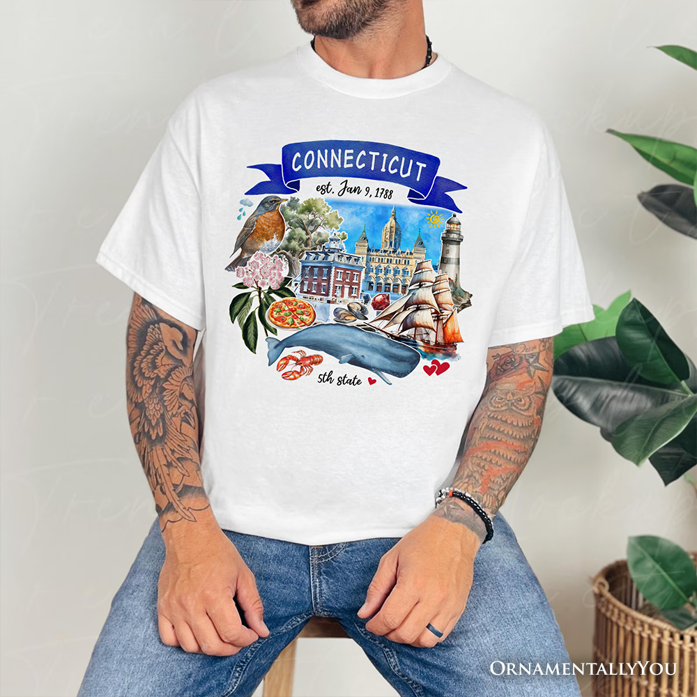 Artistic Connecticut State Themes and Landmarks T-Shirt, Tee for History and Travel Lovers