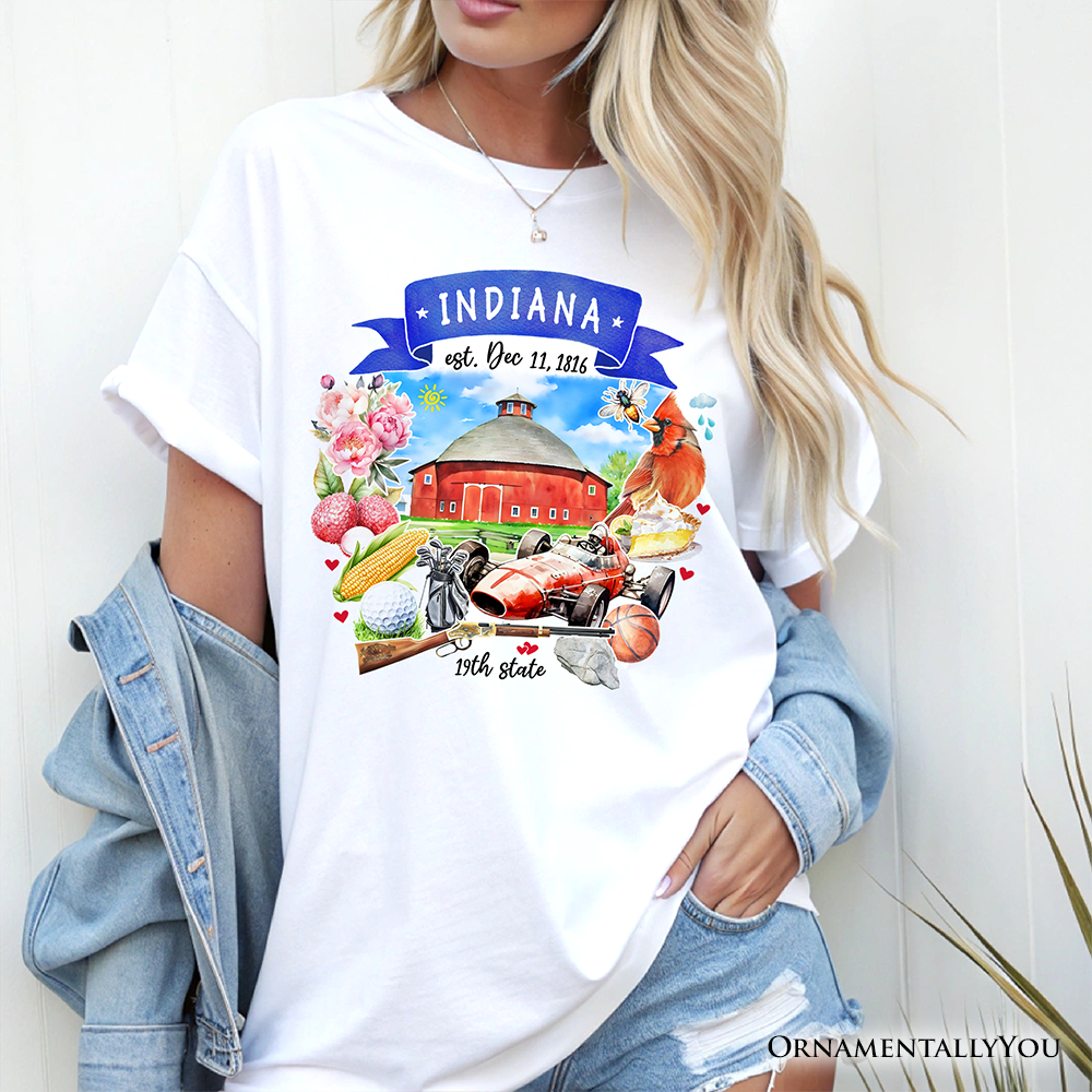 Artistic Indiana State Themes and Landmarks T-Shirt, Tee for History and Travel Lovers