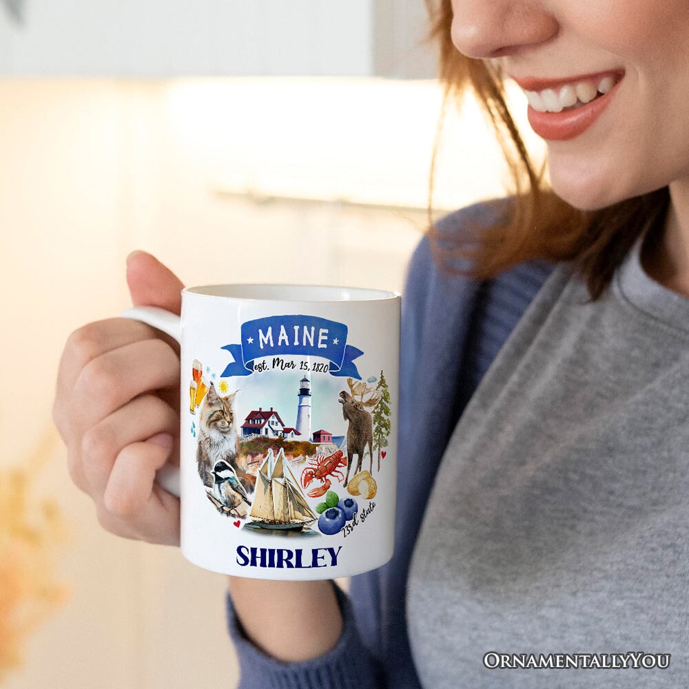Artistic Maine State Themes and Landmarks Personalized Mug With Custom Name