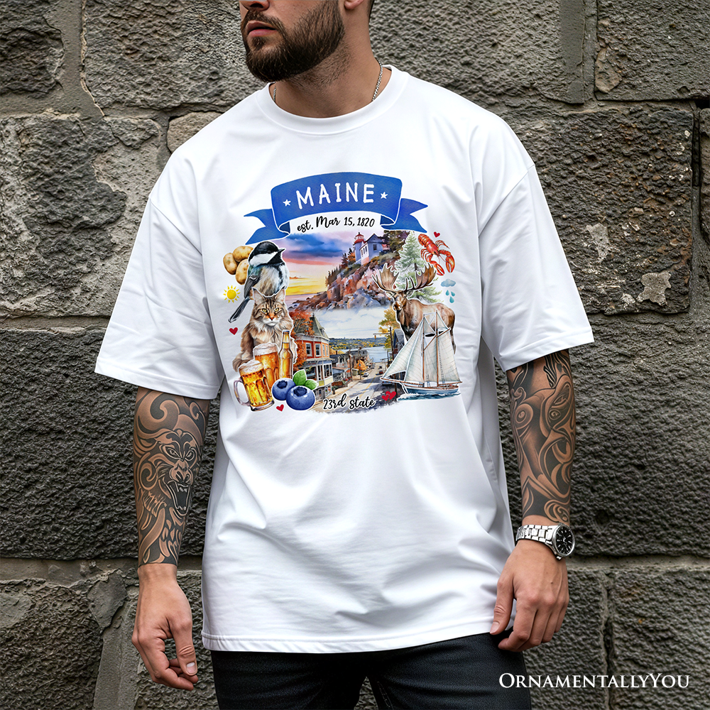 Artistic Maine State Themes and Landmarks T-Shirt, Tee for History and Travel Lovers