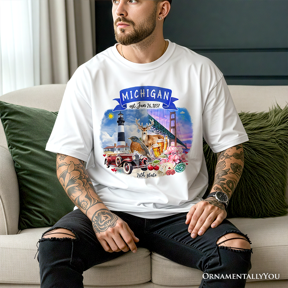 Artistic Michigan State Themes and Landmarks T-Shirt, Tee for History and Travel Lovers