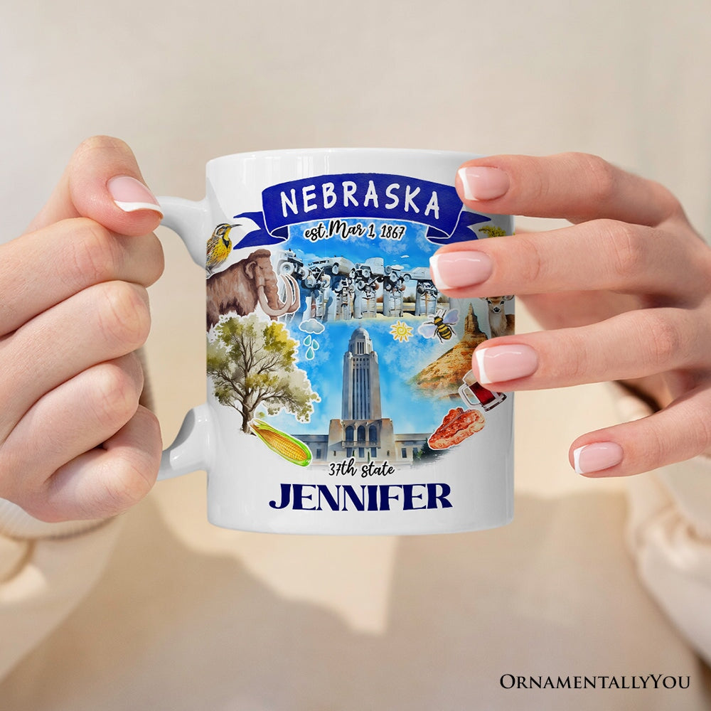 Artistic Nebraska State Themes and Landmarks Personalized Mug With Custom Name