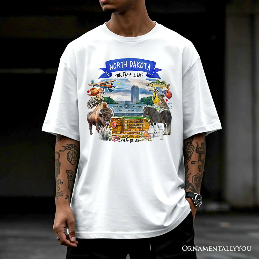 Artistic North Dakota State Themes and Landmarks T-Shirt, Tee for History and Travel Lovers