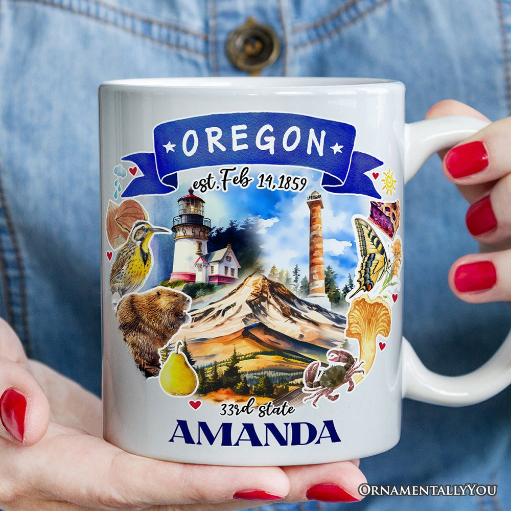 Artistic Oregon State Themes and Landmarks Personalized Mug With Custom Name