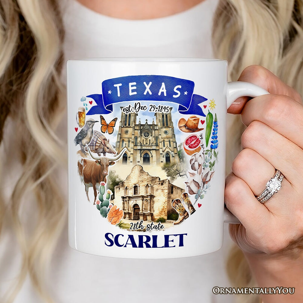 Artistic Texas State Themes and Landmarks Personalized Mug With Custom Name